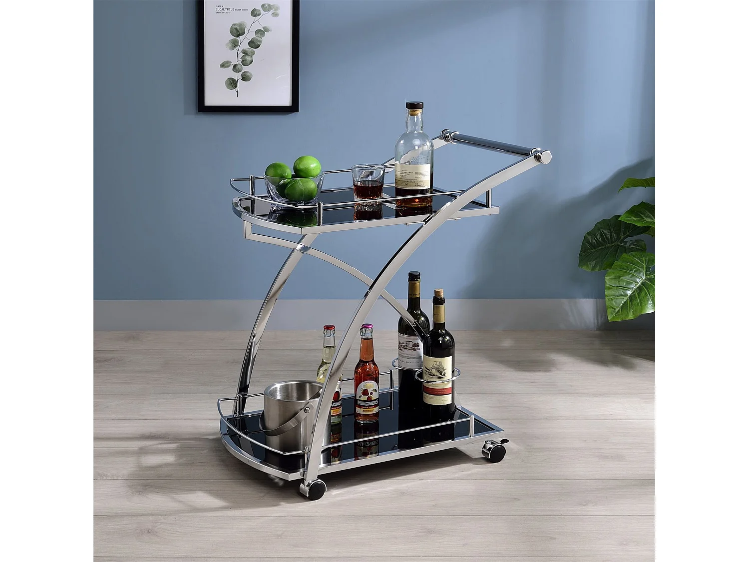 Chariot de service EVO chariot à thé et boisson desserte de cuisine à roulettes en métal chromé, 2 plateaux en verre trempé noir