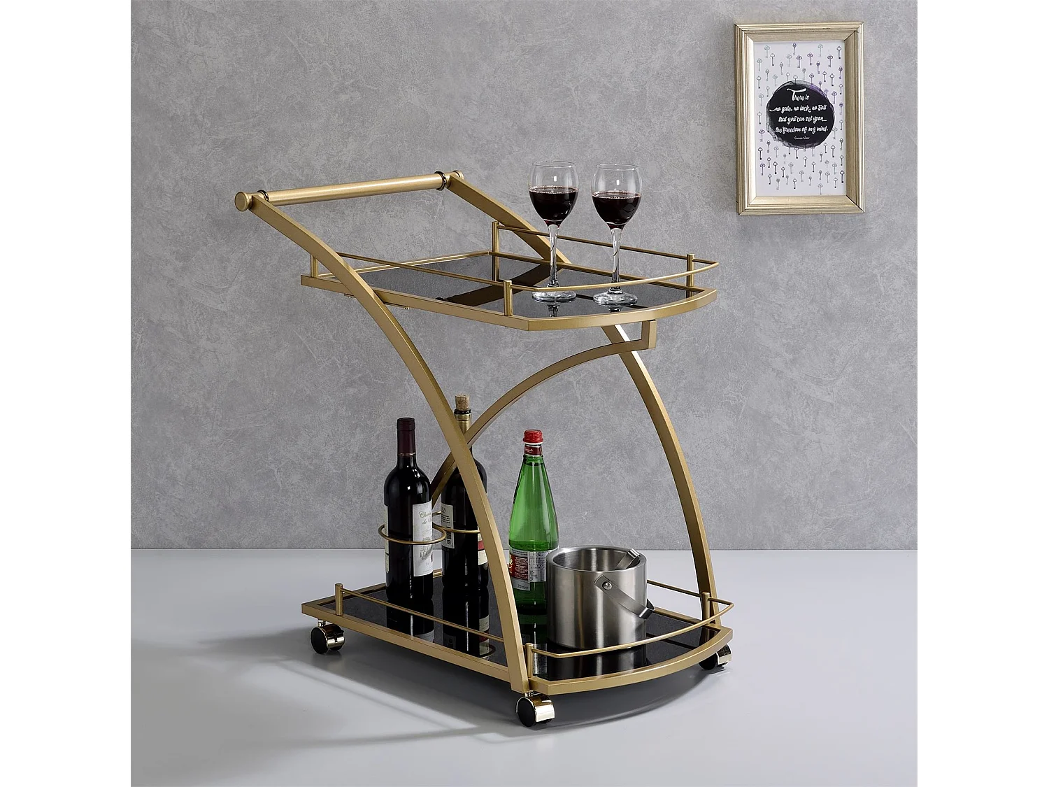 Chariot de service EVO chariot à thé et boisson desserte de cuisine à roulettes en métal doré 2 plateaux en verre trempé noir