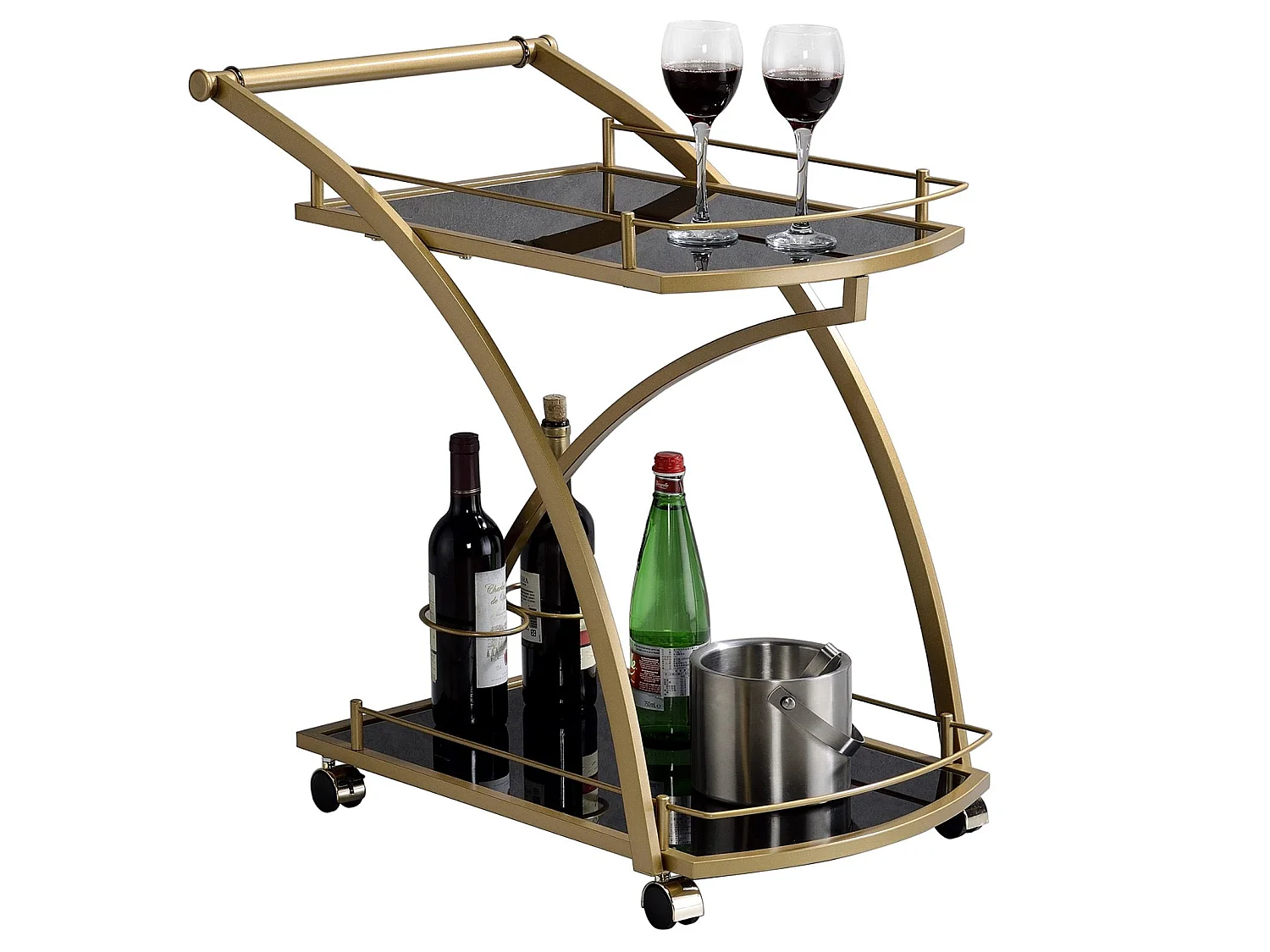 Chariot de service EVO chariot à thé et boisson desserte de cuisine à roulettes en métal doré 2 plateaux en verre trempé noir