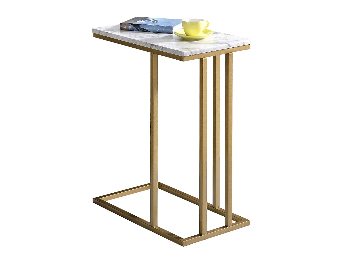 Bout de canapé CARLOTA en métal doré et plateau rectangulaire en MDF décor marbre blanc, table d'appoint table à café table basse