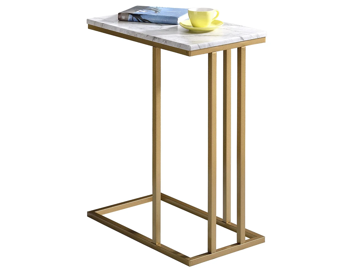 Bout de canapé CARLOTA en métal doré et plateau rectangulaire en MDF décor marbre blanc, table d'appoint table à café table basse
