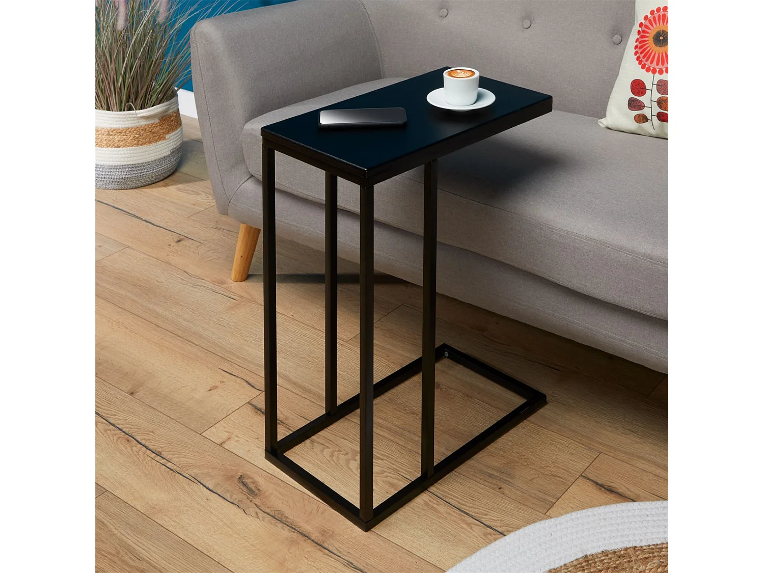 Bout de canapé DEBORA table d'appoint table basse de salon cadre en métal noir et plateau rectangulaire en MDF noir mat