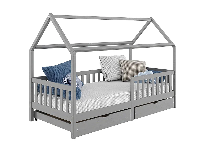 Lit cabane NUNA lit enfant simple montessori en bois 90 x 190 cm, avec rangement 2 tiroirs, en pin massif lasuré gris