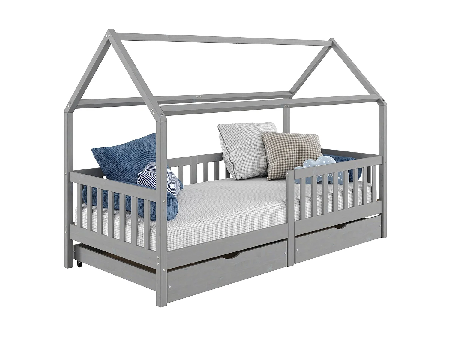 Lit cabane NUNA lit enfant simple montessori en bois 90 x 190 cm, avec rangement 2 tiroirs, en pin massif lasuré gris