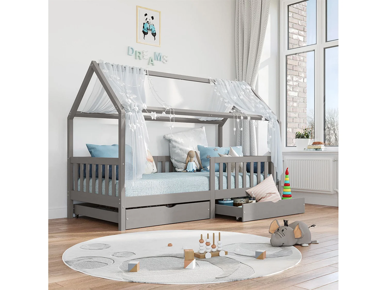 Lit cabane NUNA lit enfant simple montessori en bois 90 x 190 cm, avec rangement 2 tiroirs, en pin massif lasuré gris