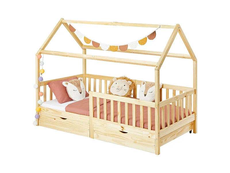 Lit cabane NUNA lit enfant simple montessori en bois 90 x 190 cm, avec rangement 2 tiroirs, en pin massif finition naturelle