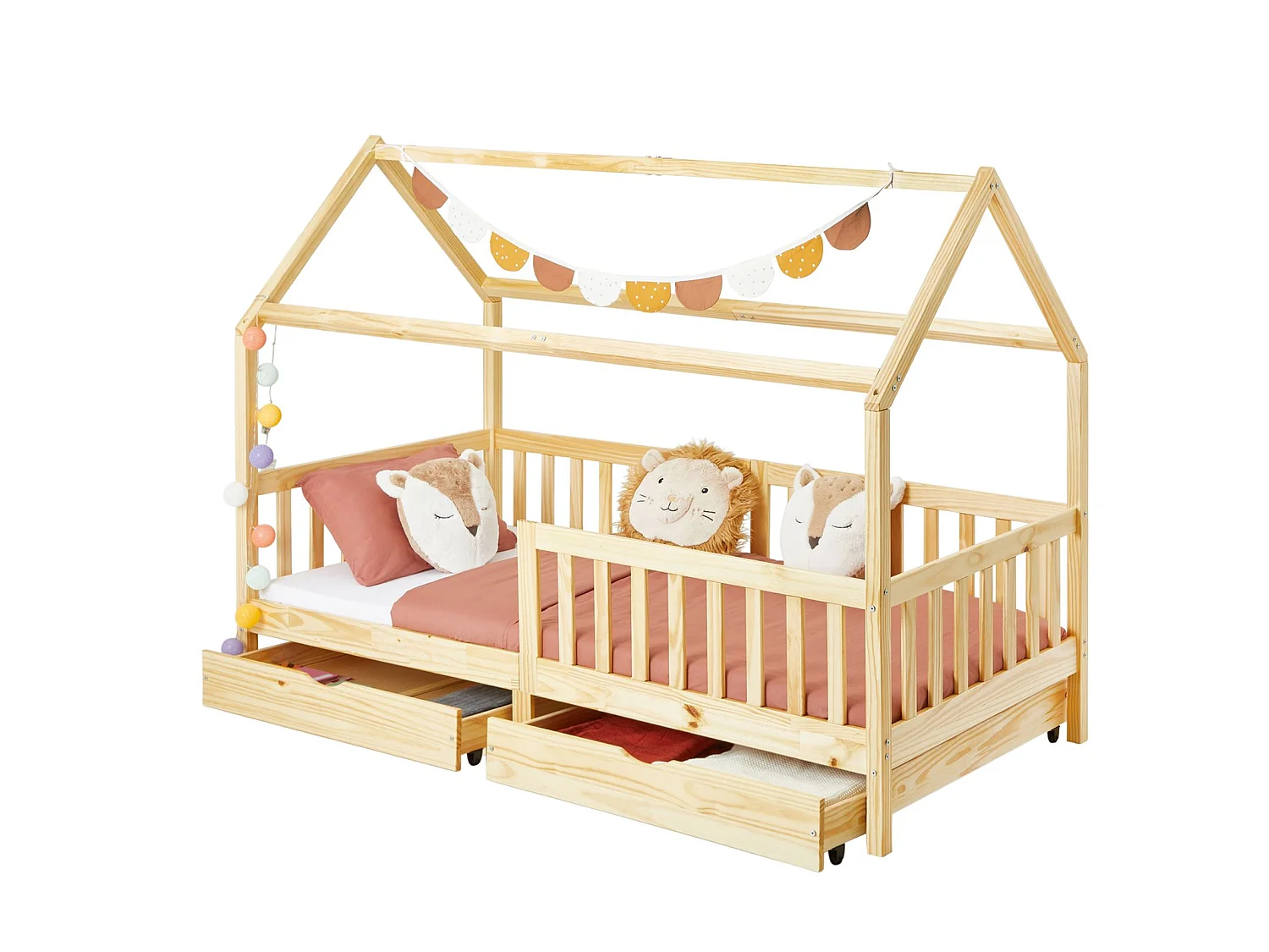 Lit cabane NUNA lit enfant simple montessori en bois 90 x 190 cm, avec rangement 2 tiroirs, en pin massif finition naturelle