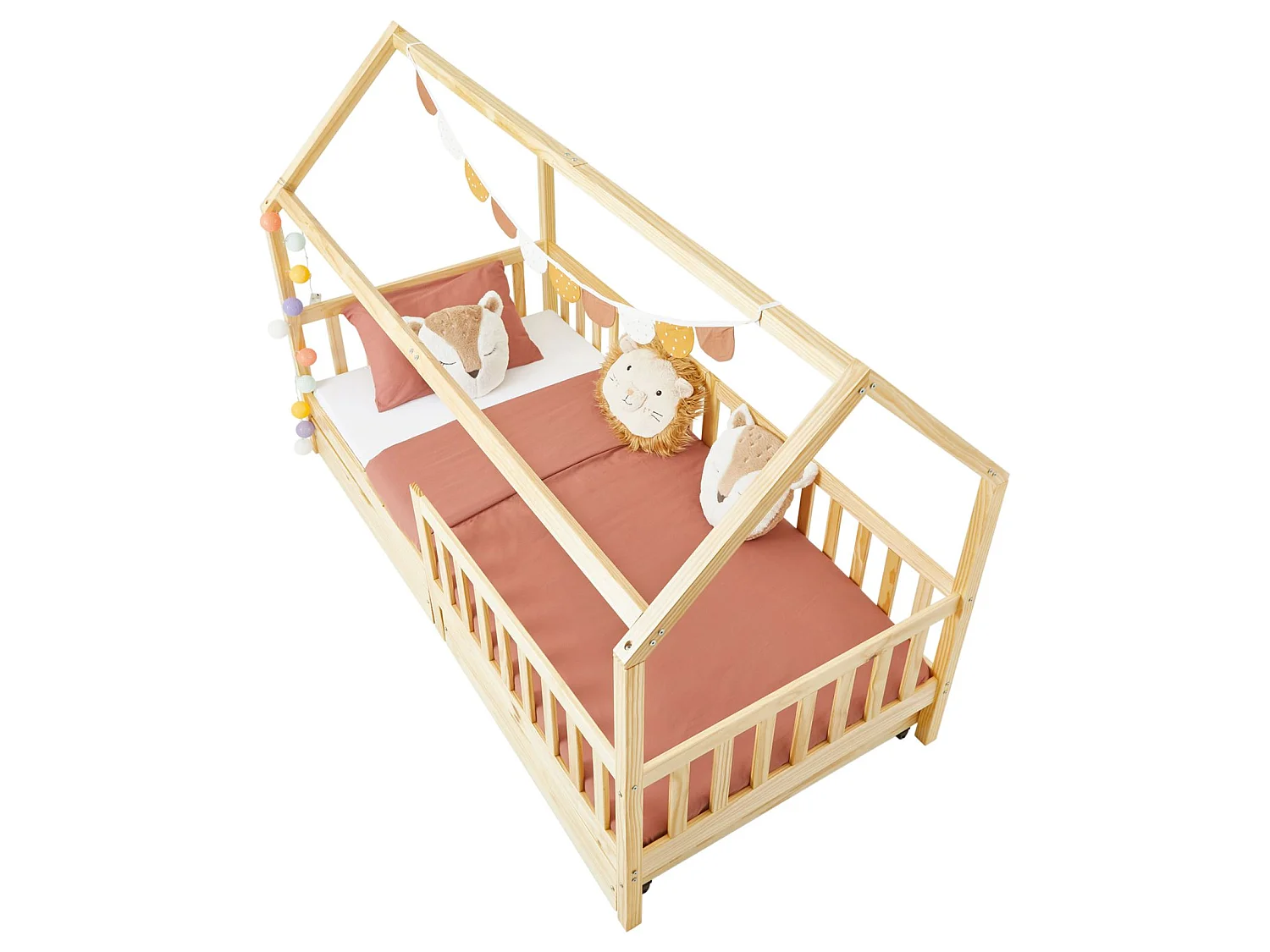 Lit cabane NUNA lit enfant simple montessori en bois 90 x 190 cm, avec rangement 2 tiroirs, en pin massif finition naturelle