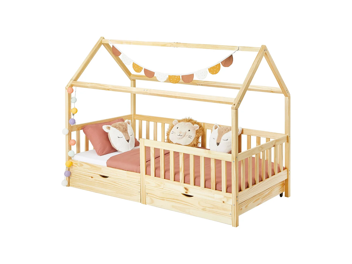 Lit cabane NUNA lit enfant simple montessori en bois 90 x 190 cm, avec rangement 2 tiroirs, en pin massif finition naturelle