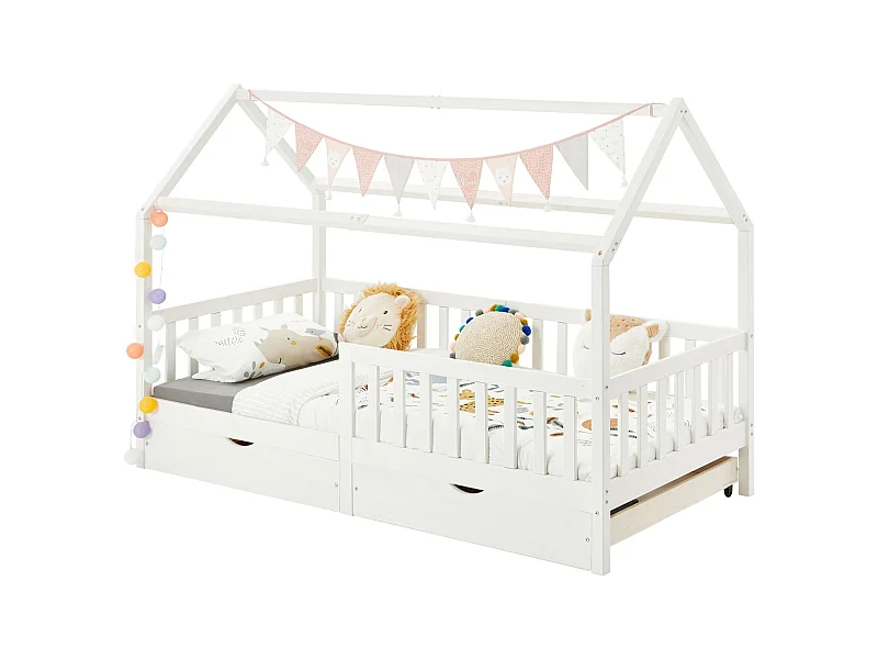 Lit cabane NUNA lit enfant simple montessori en bois 90 x 190 cm, avec rangement 2 tiroirs, en pin massif lasuré blanc