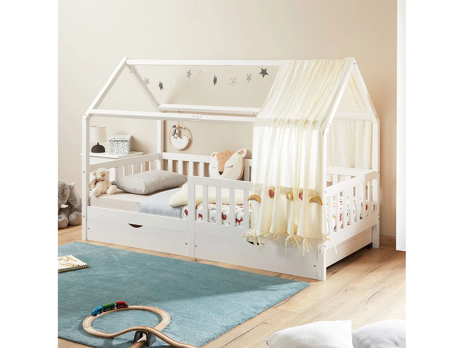 Lit cabane NUNA lit enfant simple montessori en bois 90 x 190 cm, avec rangement 2 tiroirs, en pin massif lasuré blanc
