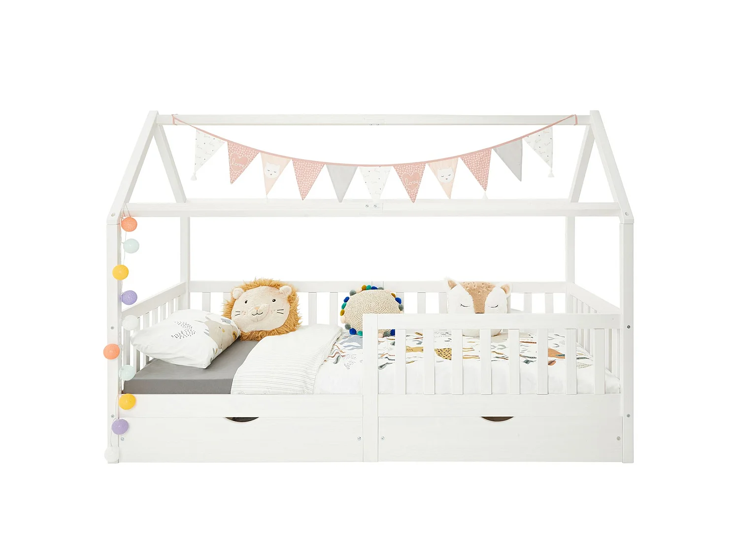 Lit cabane NUNA lit enfant simple montessori en bois 90 x 190 cm, avec rangement 2 tiroirs, en pin massif lasuré blanc