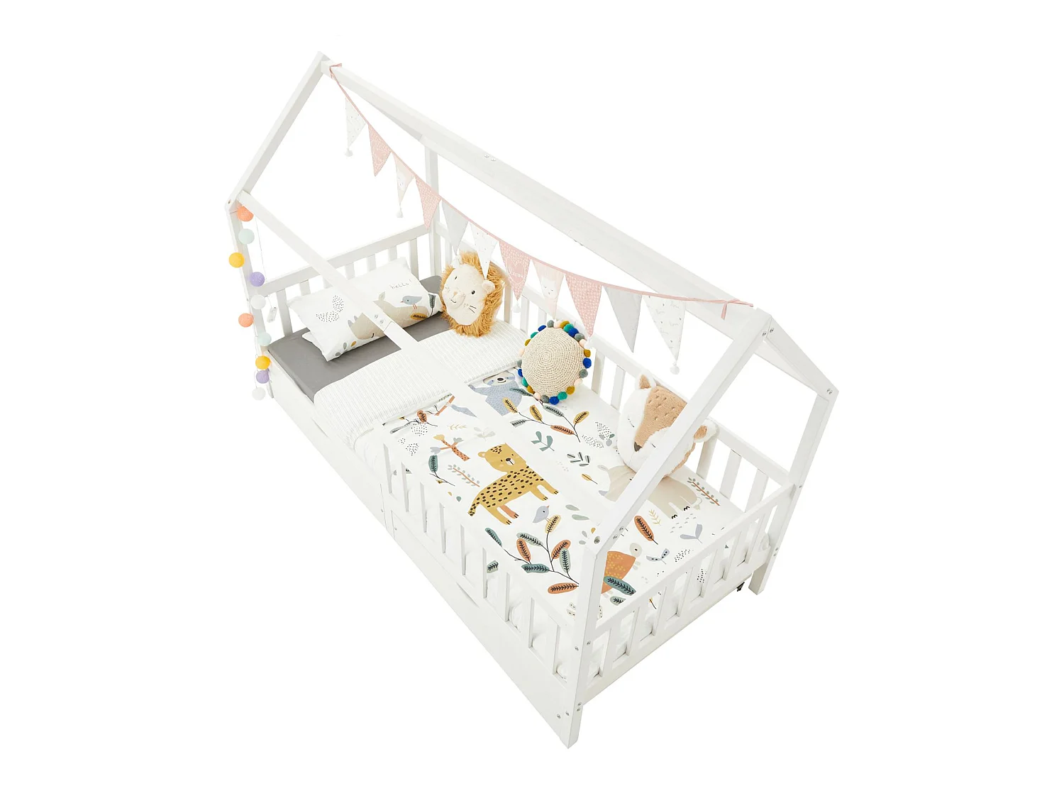 Lit cabane NUNA lit enfant simple montessori en bois 90 x 190 cm, avec rangement 2 tiroirs, en pin massif lasuré blanc
