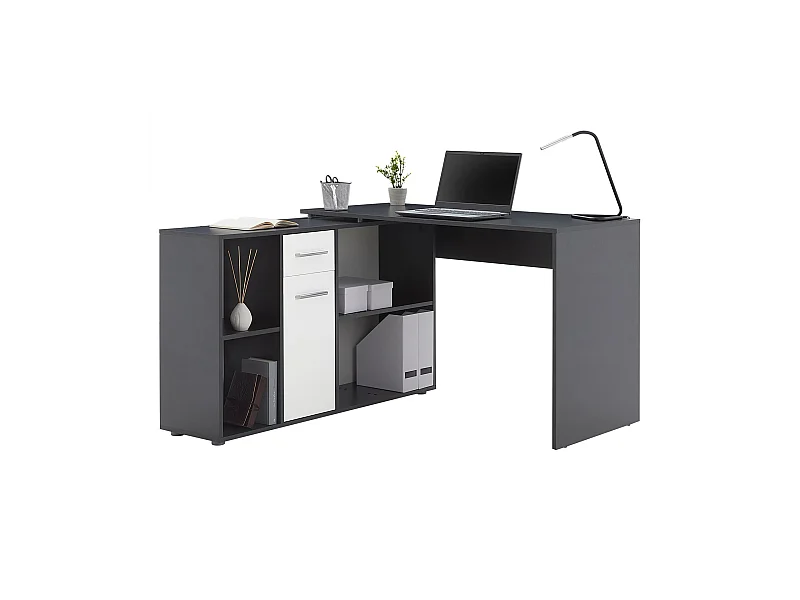Bureau d'angle CARMEN table avec meuble de rangement intégré et modulable 4 étagères 1 porte et 1 tiroir, béton foncé/blanc