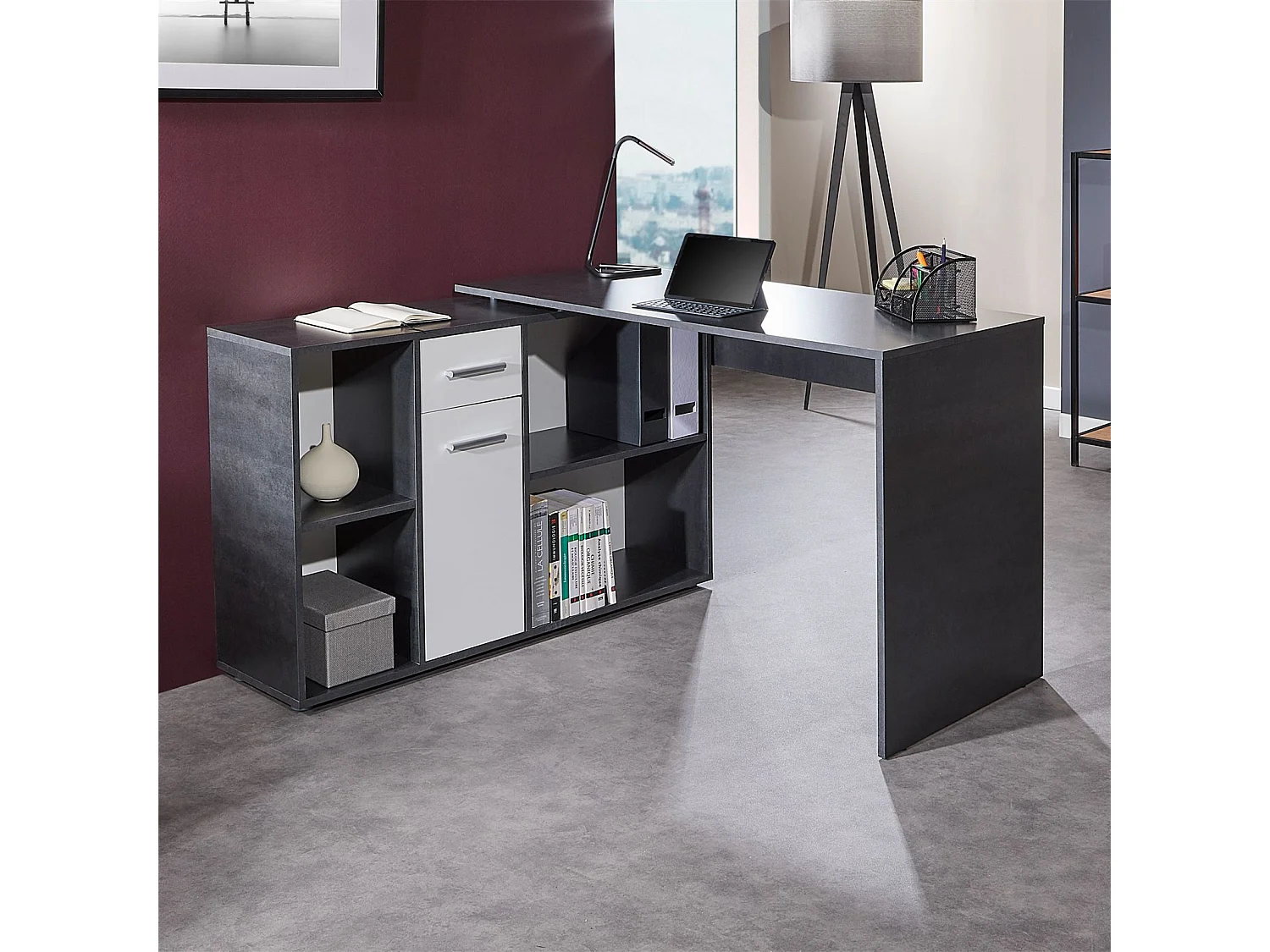 Bureau d'angle CARMEN table avec meuble de rangement intégré et modulable 4 étagères 1 porte et 1 tiroir, béton foncé/blanc