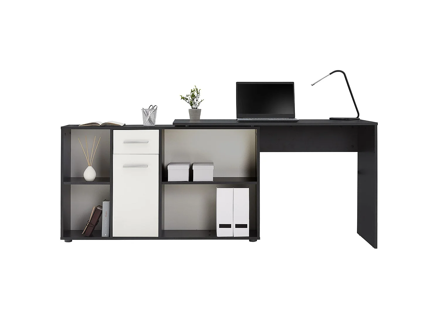 Bureau d'angle CARMEN table avec meuble de rangement intégré et modulable 4 étagères 1 porte et 1 tiroir, béton foncé/blanc