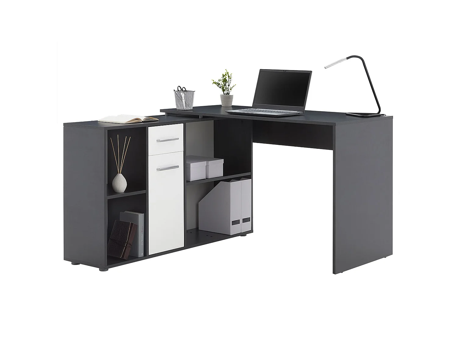 Bureau d'angle CARMEN table avec meuble de rangement intégré 4 étagères 1 porte et 1 tiroir, béton foncé/blanc