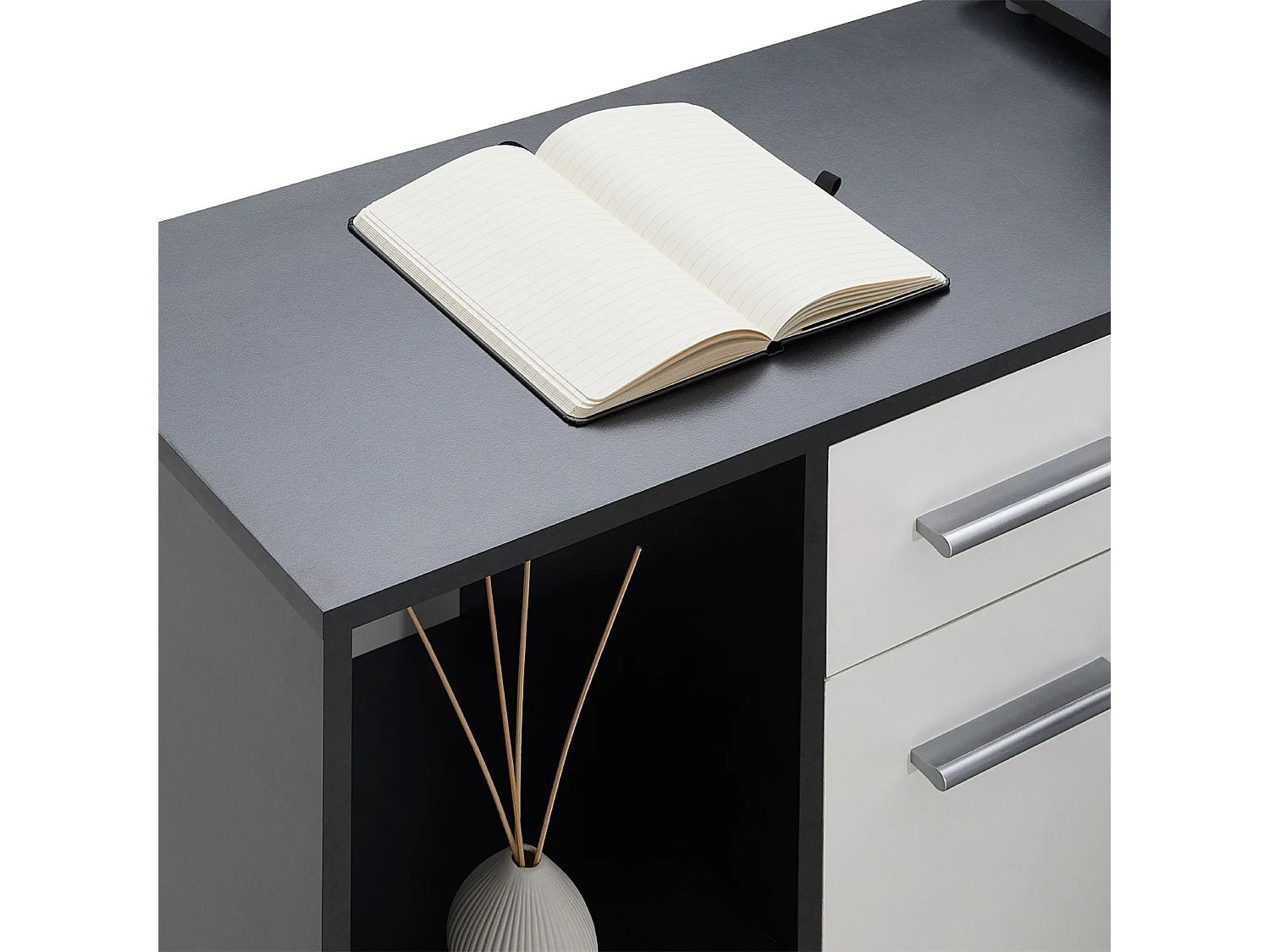 Bureau d'angle CARMEN table avec meuble de rangement intégré 4 étagères 1 porte et 1 tiroir, béton foncé/blanc