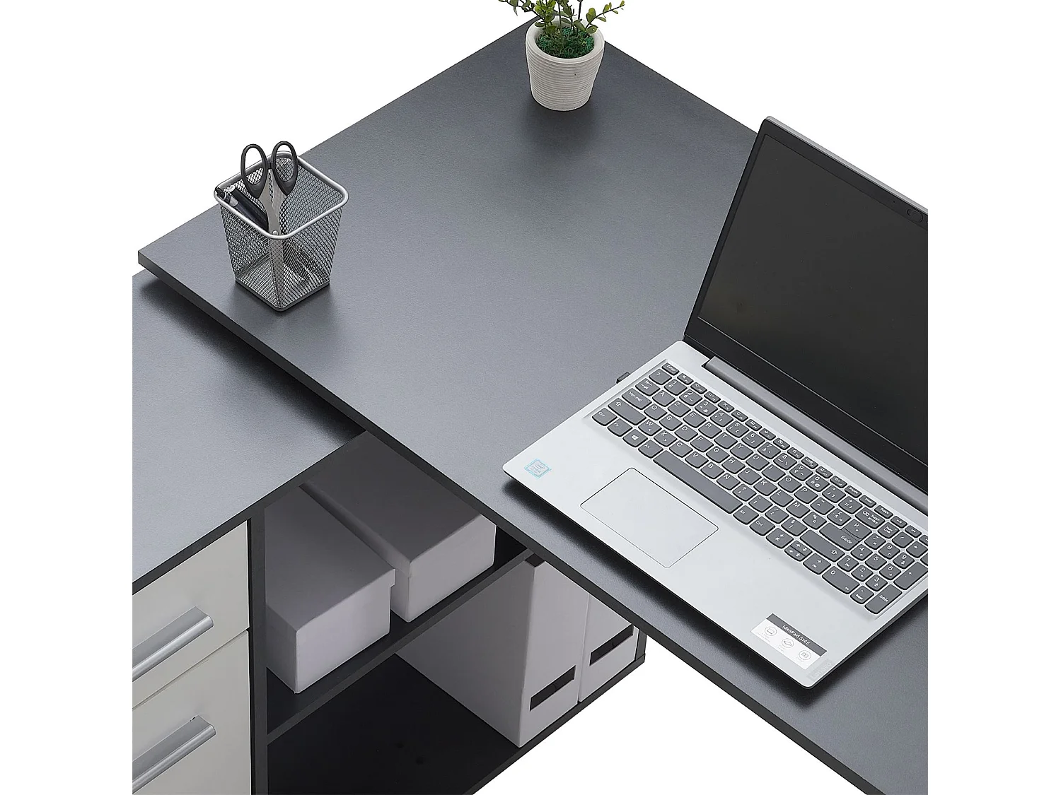 Bureau d'angle CARMEN table avec meuble de rangement intégré 4 étagères 1 porte et 1 tiroir, béton foncé/blanc