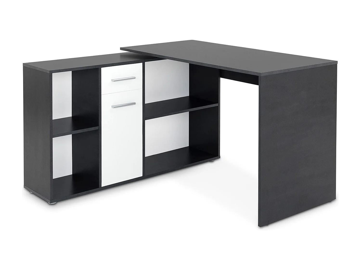 Bureau d'angle CARMEN table avec meuble de rangement intégré 4 étagères 1 porte et 1 tiroir, béton foncé/blanc