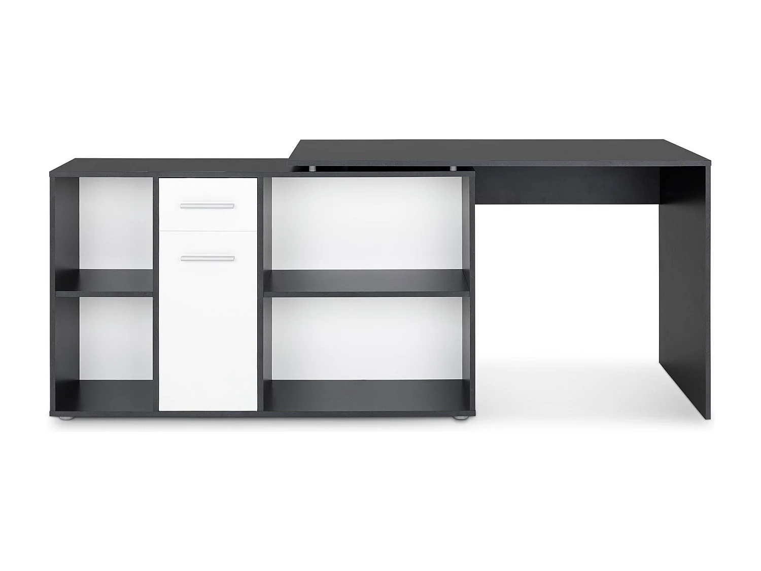 Bureau d'angle CARMEN table avec meuble de rangement intégré 4 étagères 1 porte et 1 tiroir, béton foncé/blanc