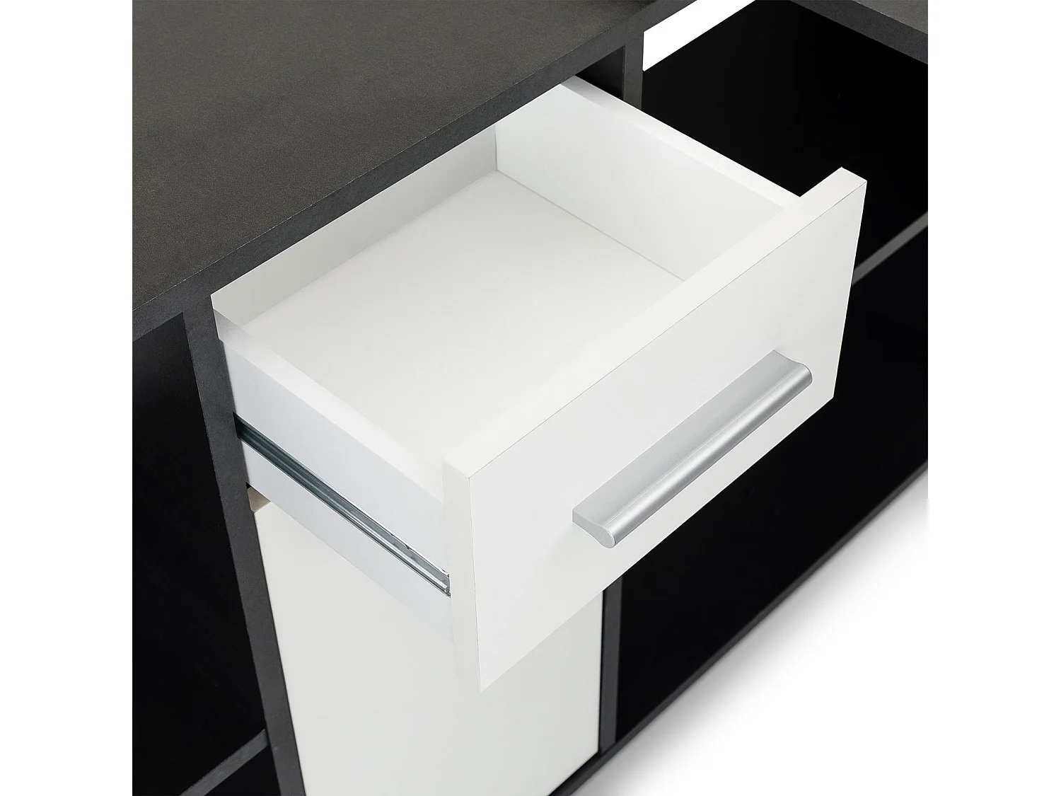 Bureau d'angle CARMEN table avec meuble de rangement intégré 4 étagères 1 porte et 1 tiroir, béton foncé/blanc