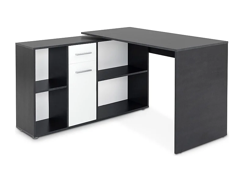 Bureau d'angle CARMEN table avec meuble de rangement intégré 4 étagères 1 porte et 1 tiroir, béton foncé/blanc