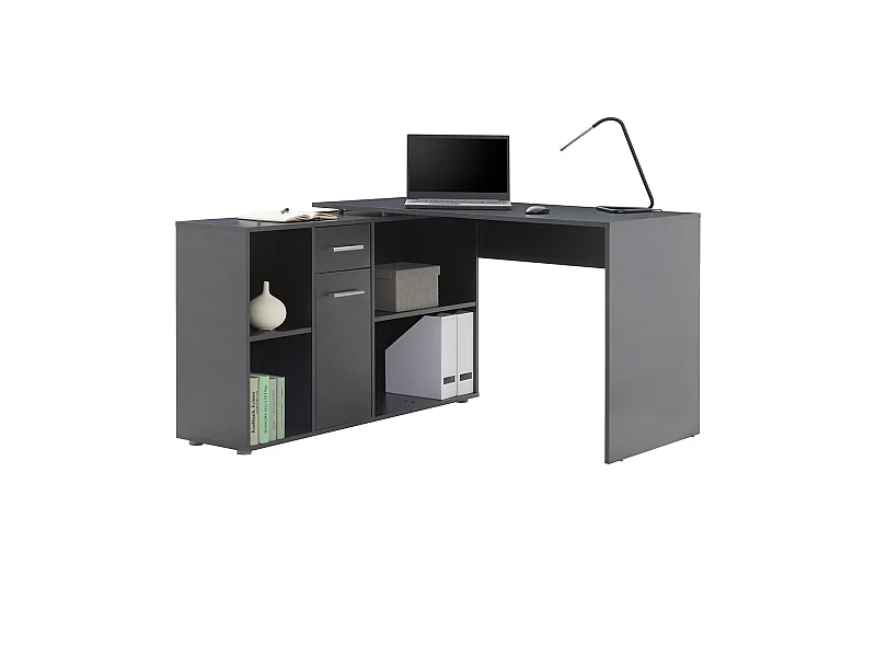 Bureau d'angle CARMEN table avec meuble de rangement intégré et modulable 4 étagères 1 porte et 1 tiroir, décor béton foncé