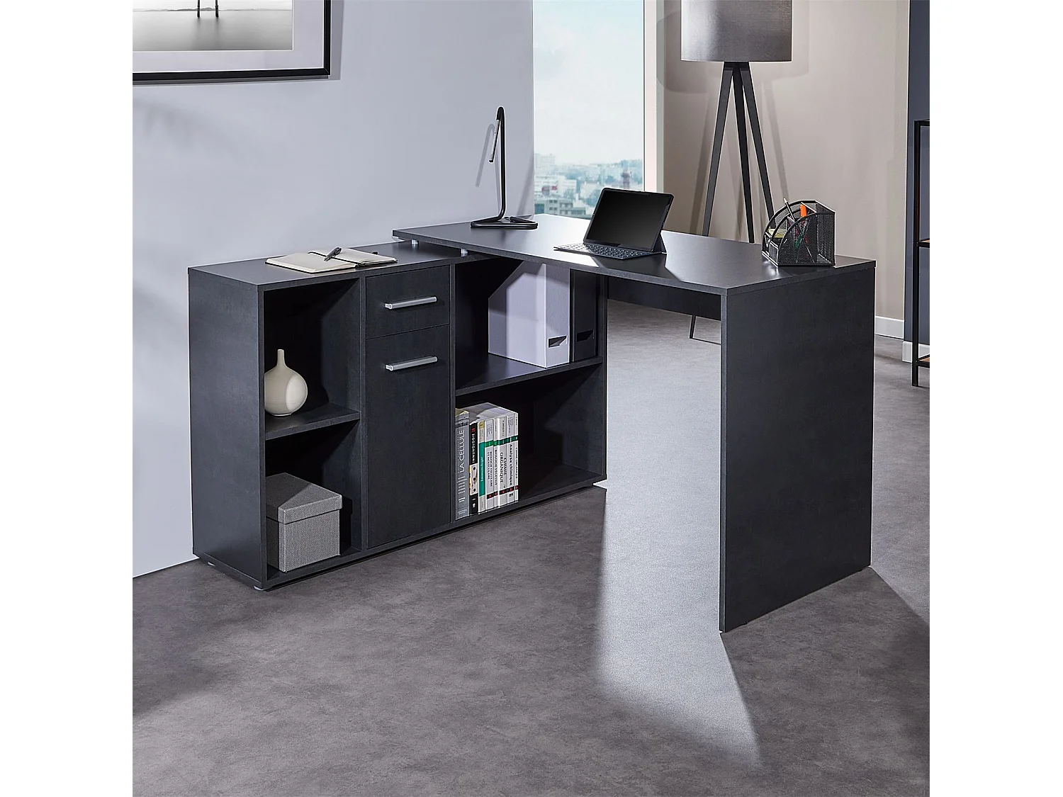 Bureau d'angle CARMEN table avec meuble de rangement intégré et modulable 4 étagères 1 porte et 1 tiroir, décor béton foncé