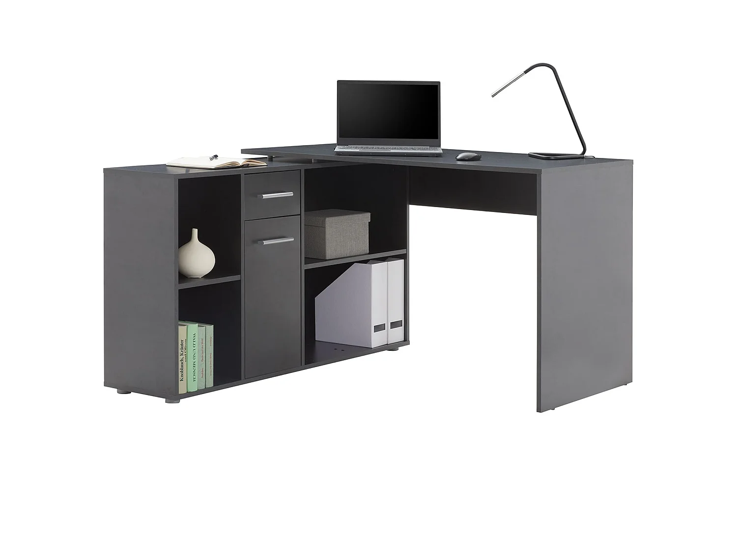 Bureau d'angle CARMEN table avec meuble de rangement intégré et modulable 4 étagères 1 porte et 1 tiroir, décor béton foncé