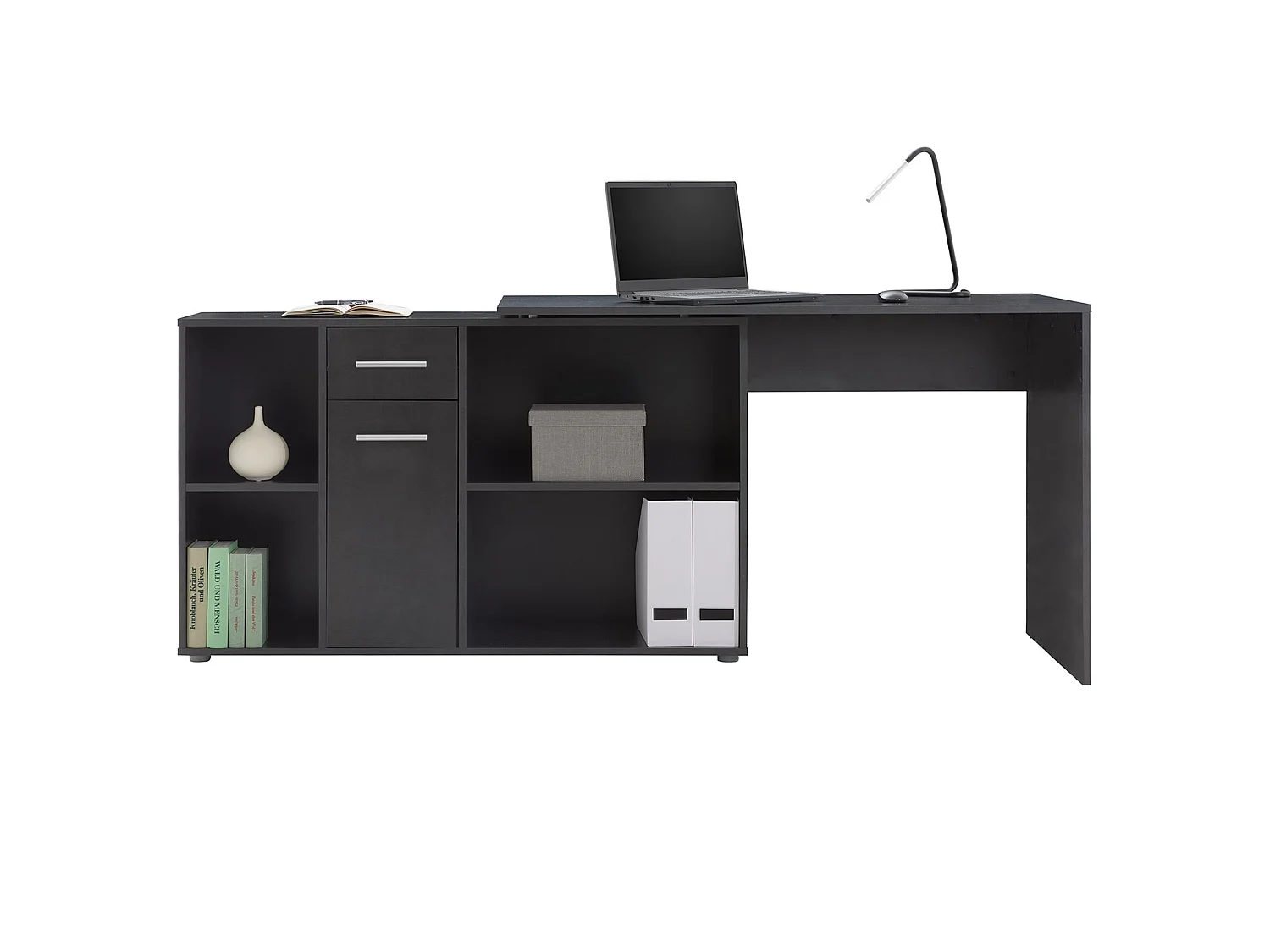 Bureau d'angle CARMEN table avec meuble de rangement intégré et modulable 4 étagères 1 porte et 1 tiroir, décor béton foncé