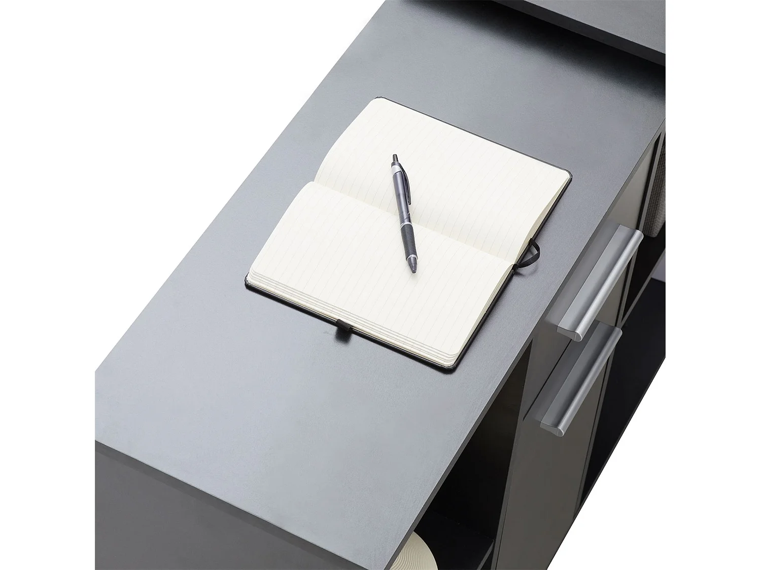 Bureau d'angle CARMEN table avec meuble de rangement intégré et modulable 4 étagères 1 porte et 1 tiroir, décor béton foncé