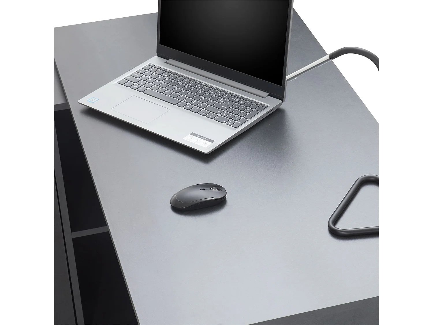 Bureau d'angle CARMEN table avec meuble de rangement intégré et modulable 4 étagères 1 porte et 1 tiroir, décor béton foncé