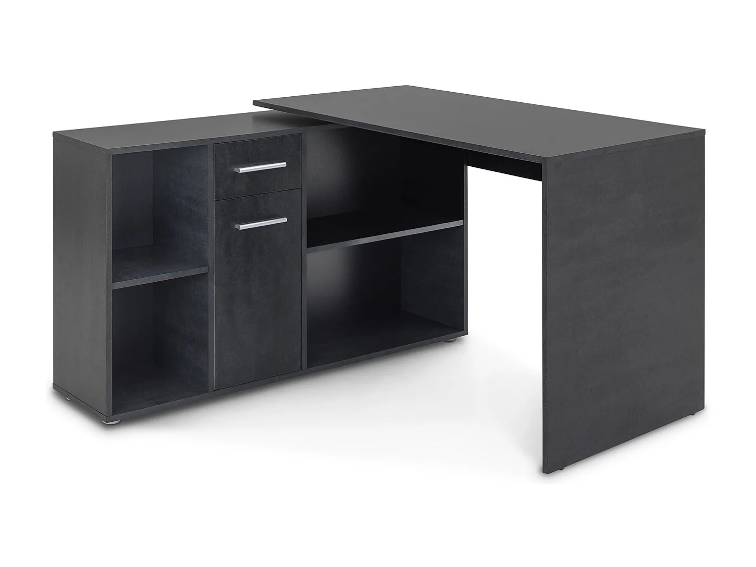 Bureau d'angle CARMEN table avec meuble de rangement intégré 4 étagères 1 porte et 1 tiroir, décor béton foncé