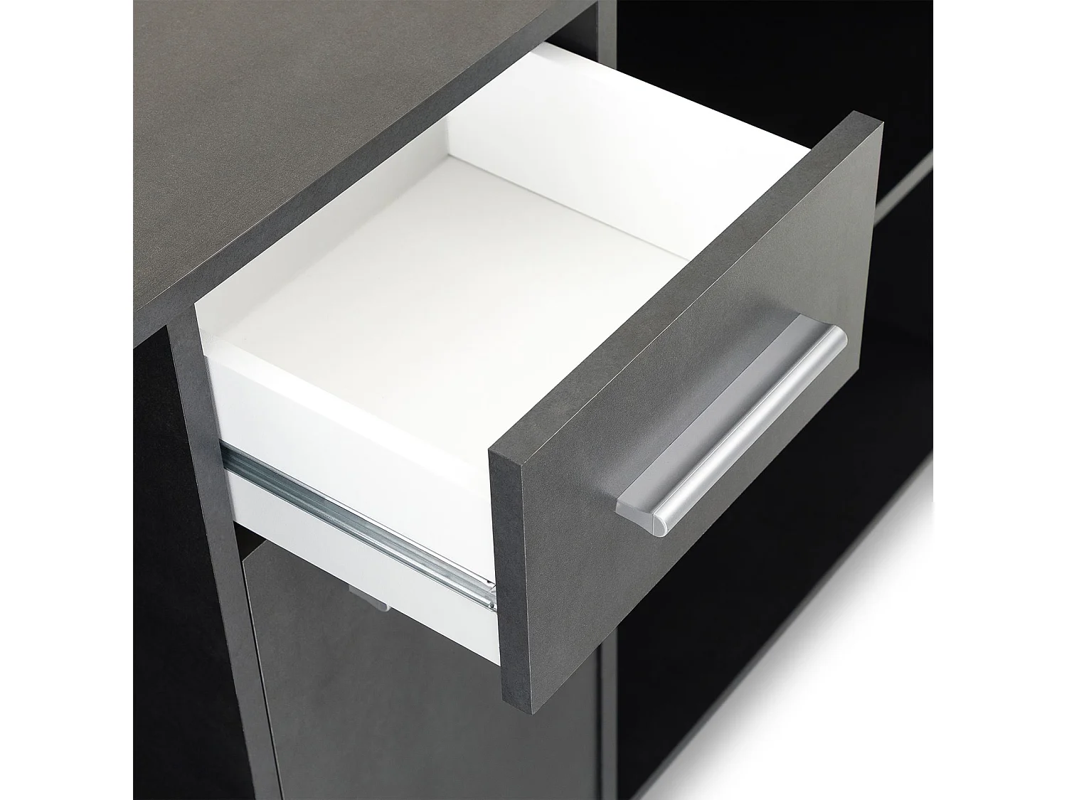 Bureau d'angle CARMEN table avec meuble de rangement intégré 4 étagères 1 porte et 1 tiroir, décor béton foncé