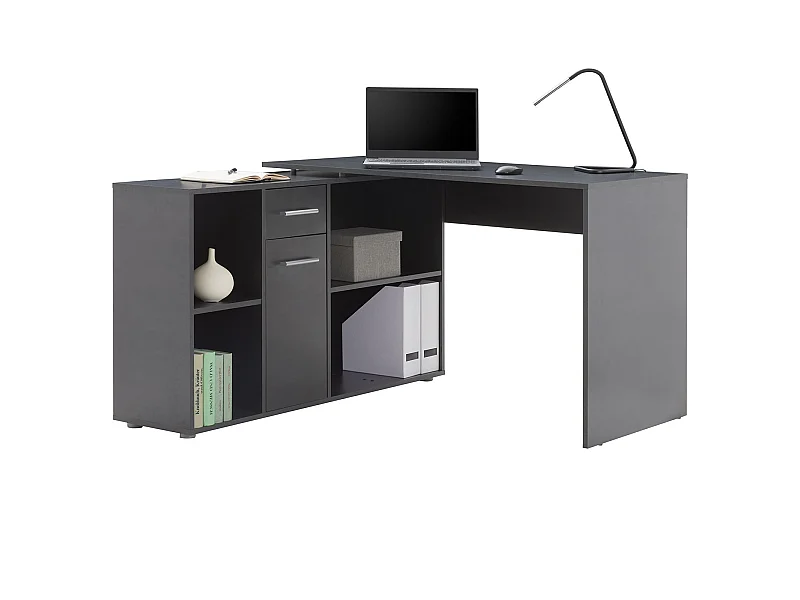 Bureau d'angle CARMEN table avec meuble de rangement intégré et modulable 4 étagères 1 porte et 1 tiroir, décor béton foncé