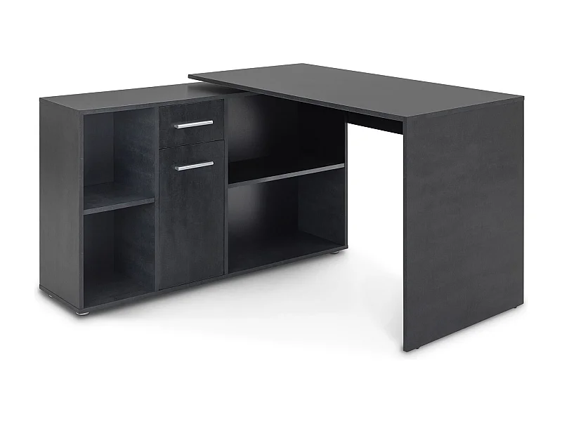 Bureau d'angle CARMEN table avec meuble de rangement intégré 4 étagères 1 porte et 1 tiroir, décor béton foncé
