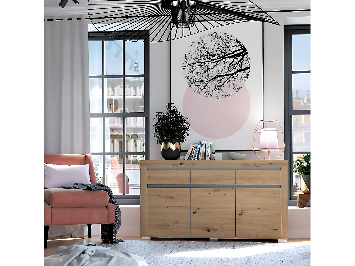 Kasla Wood en Antraciet 3-deurs dressoir met 3 LED laden