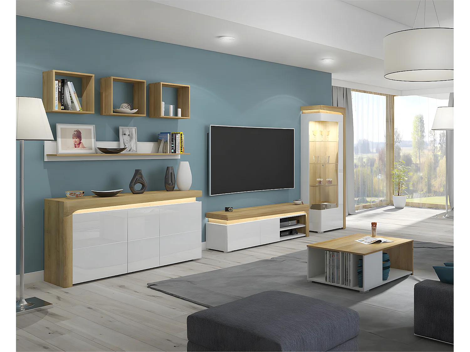 Buffet 3 portes LED inclus Teo Blanc et Bois