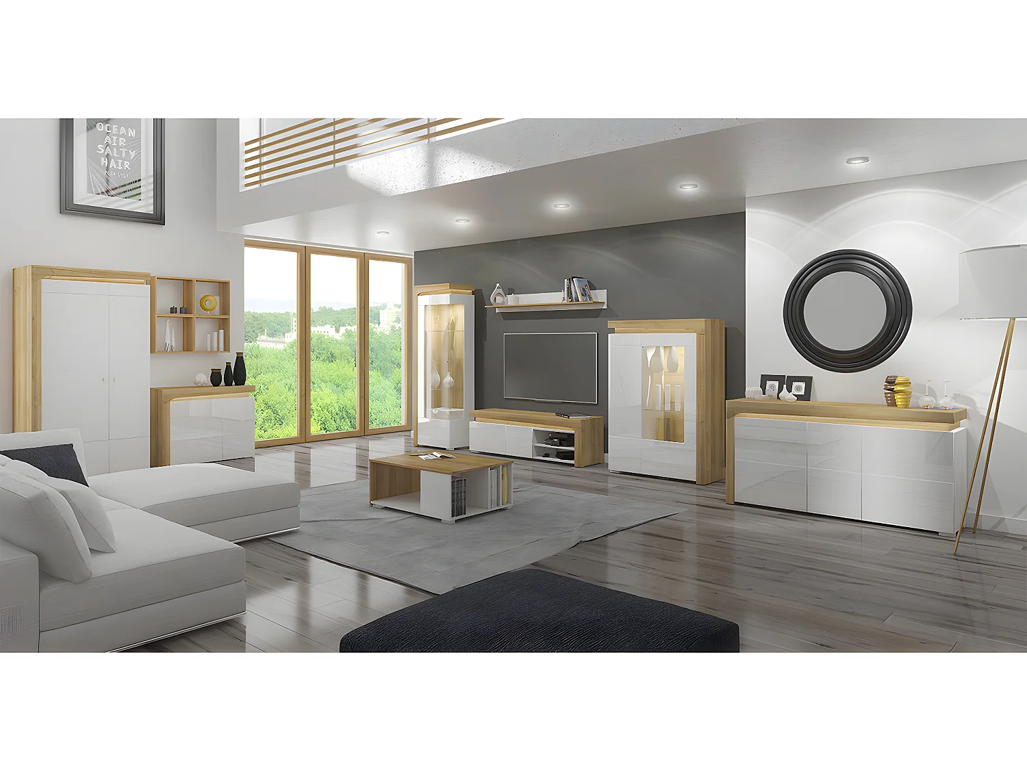 Buffet 3 portes LED inclus Teo Blanc et Bois