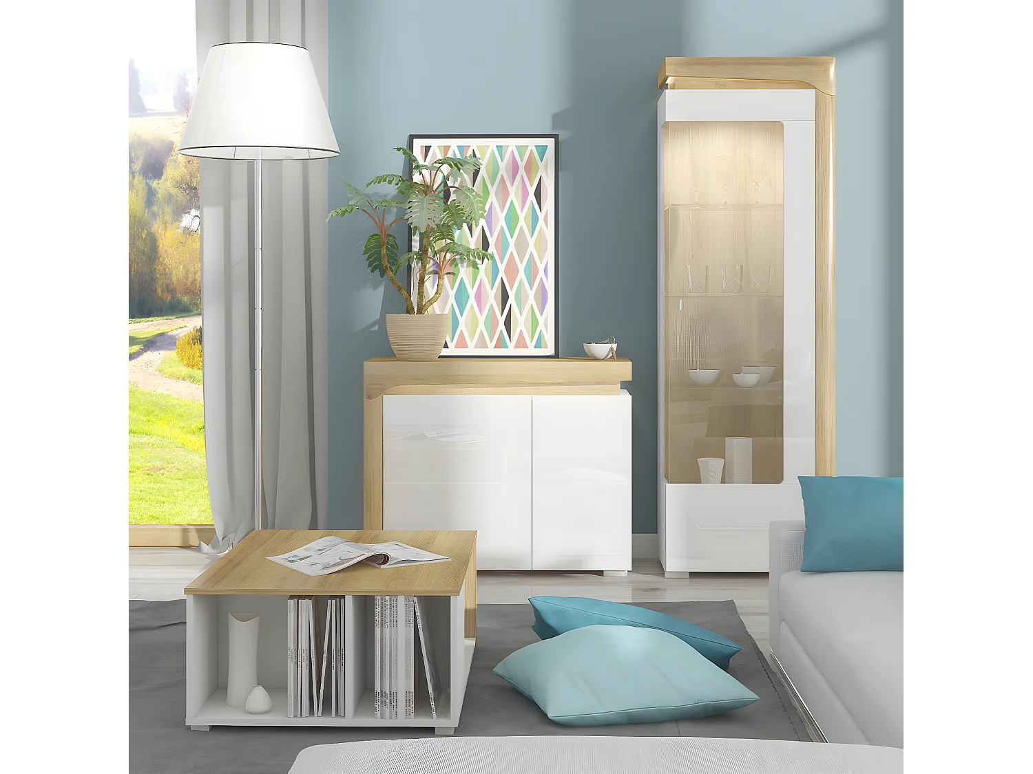 Aparador 2 portas Teo branco e madeira 82cm