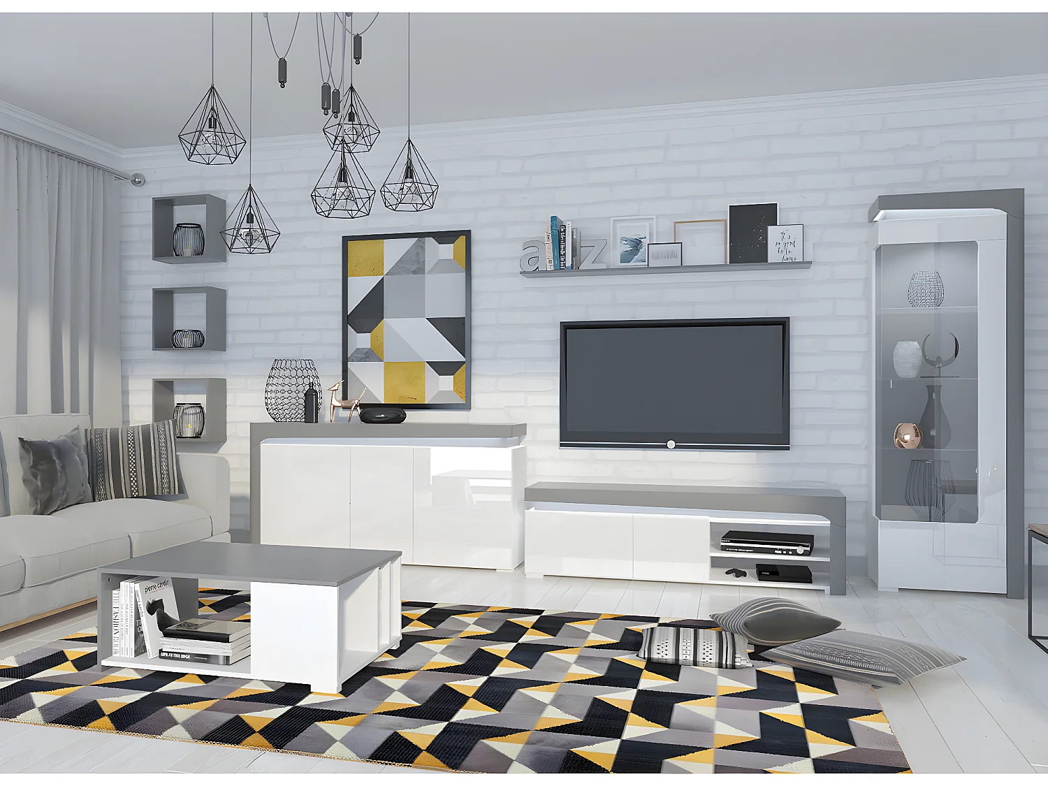 Buffet 2 portes 4 tiroirs LED inclus Teo Blanc et Gris