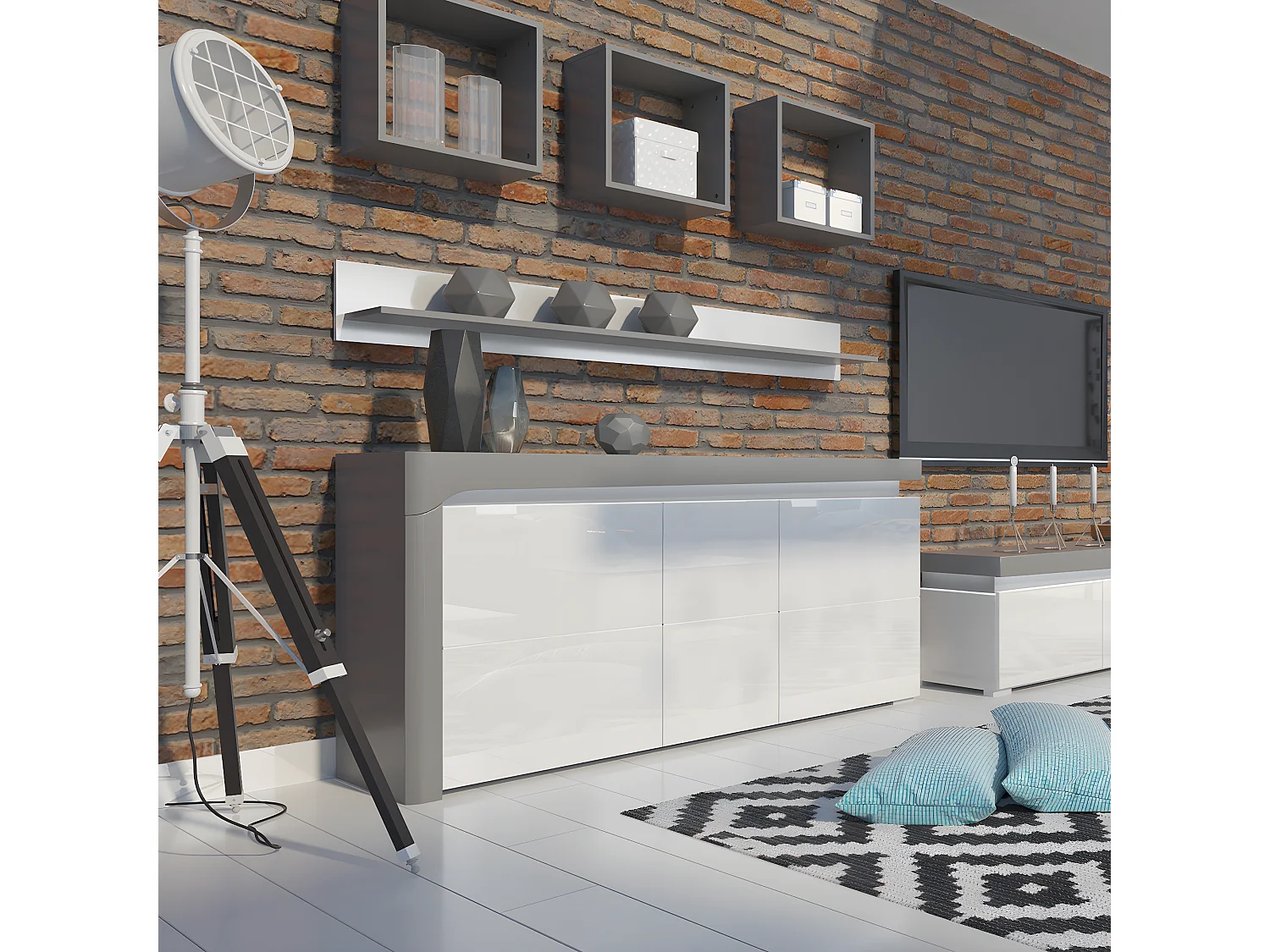 Buffet 3 portes LED inclus Teo Blanc et Gris