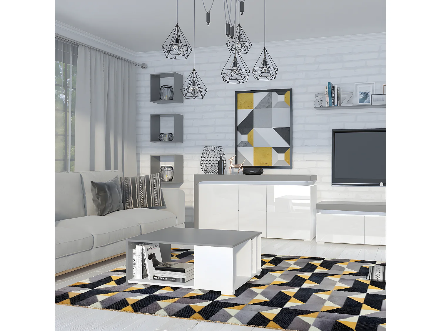 Buffet 3 portes LED inclus Teo Blanc et Gris