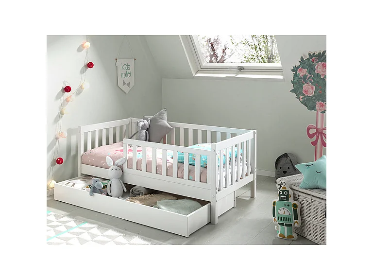 Lit Enfant, Sommier & Tiroir "Toddler II" 70x140cm Blanc