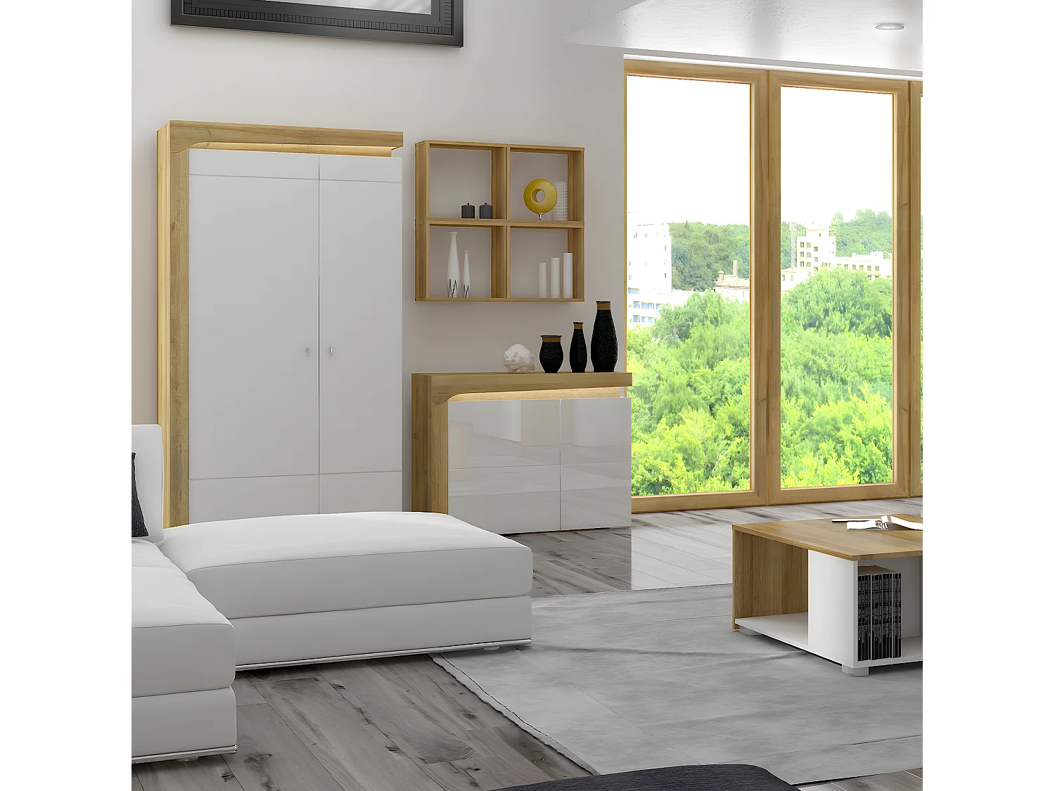 Schrank 2 Türen LED inkl. Teo Weiß und Holz