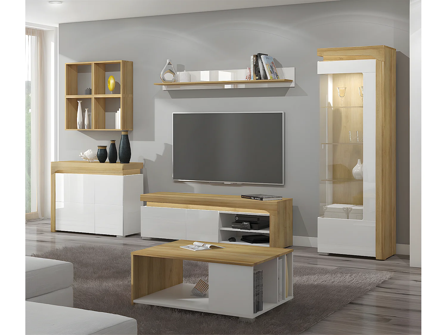 Vitrine 1 porte ouverture droite LED inclus Teo Blanc et Bois