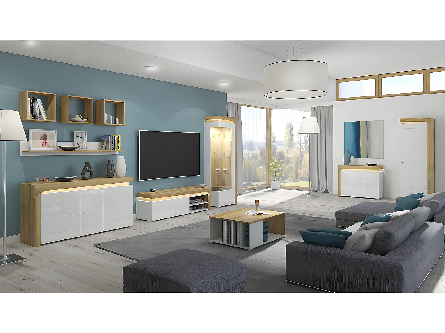 Vitrine 1 porte ouverture droite LED inclus Teo Blanc et Bois