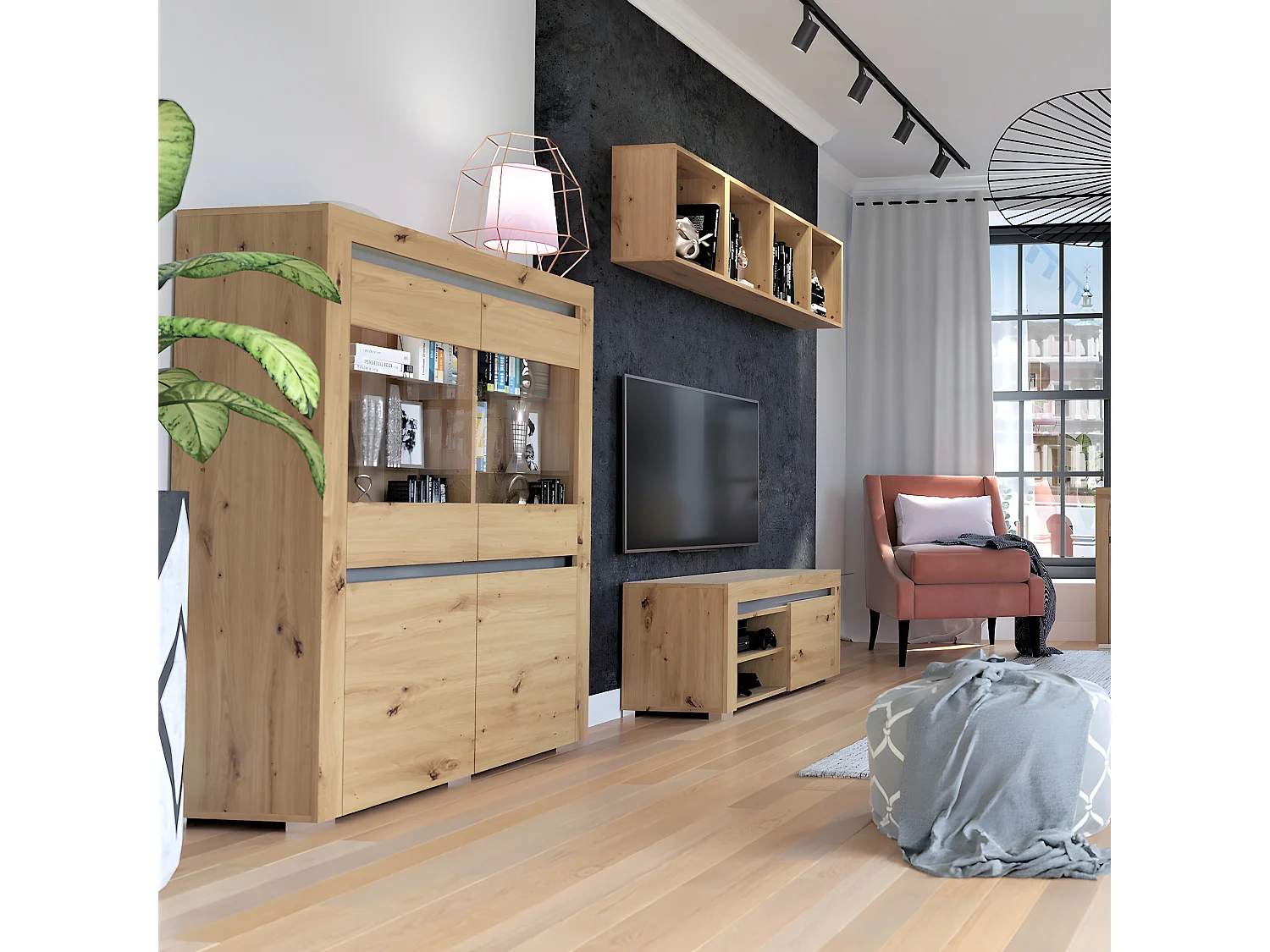 Vaisselier 4 portes LED inclus Kasla Bois et Anthracite