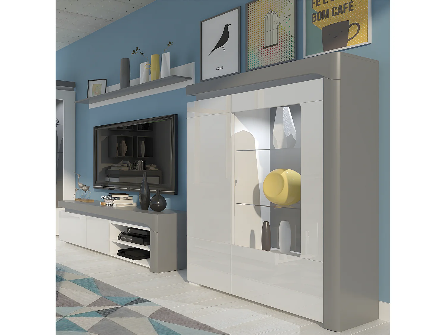 Vaisselier 2 portes droite LED inclus Teo Blanc et Gris